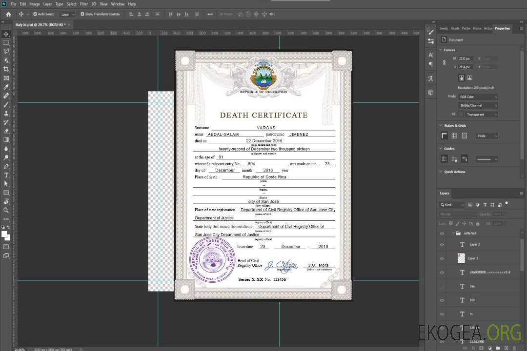 Modèle PSD de certificat de décès du Costa Rica template Modèle PSD de certificat de décès du Costa Rica template